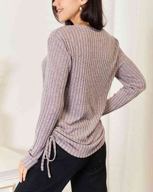 Double Take Drawstring Ribbed Long Sleeve Women T-Shirt - Zara-Craft