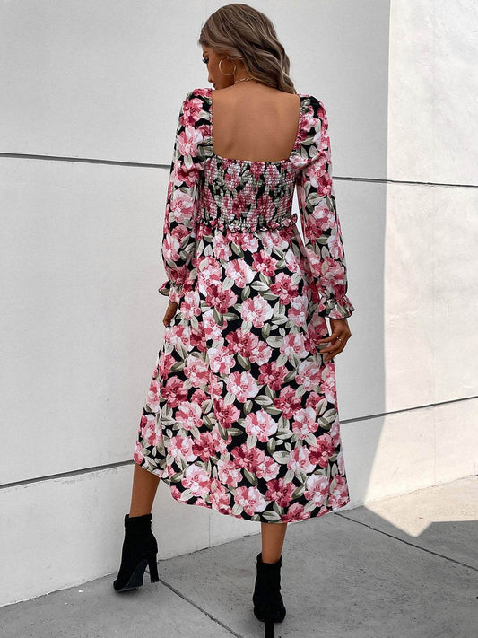 Slit Smocked Floral Flounce Sleeve Women Dress - Zara-Craft