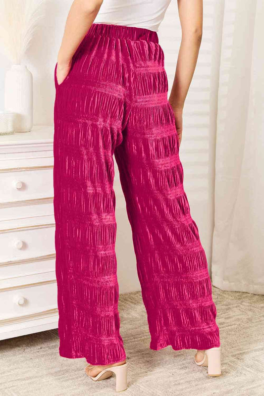 Double Take Full Size High Waist Tiered Shirring Velvet Wide Leg Women Pants - Zara-Craft