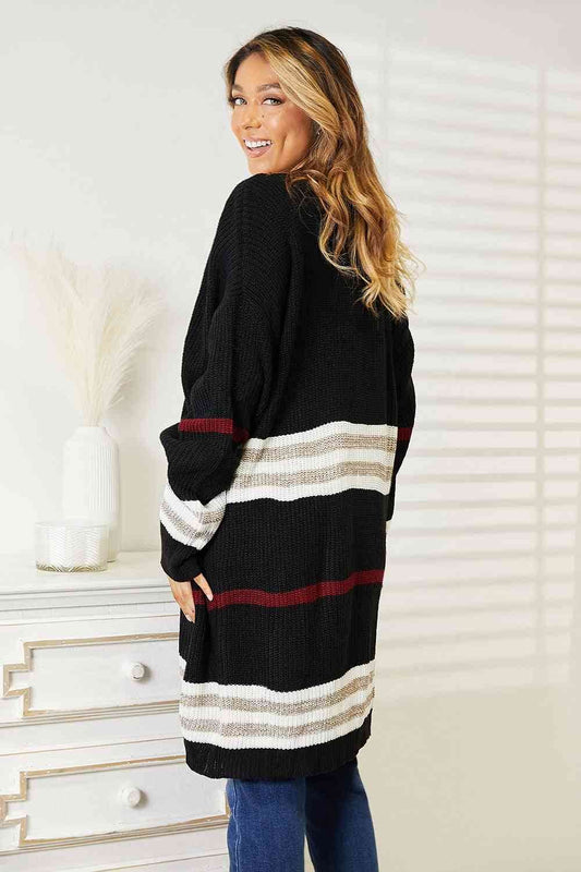 Double Take Striped Rib-Knit Drop Shoulder Open Front Women Cardigan - Zara-Craft