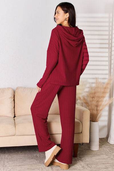 Basic Bae Full Size Ribbed Drawstring Women Hood Top and Straight Pants Set - Zara-Craft