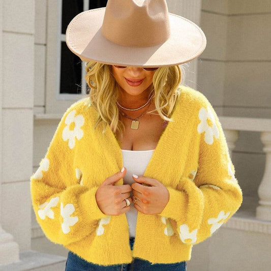 Floral Open Front Fuzzy Women Cardigan - Zara-Craft