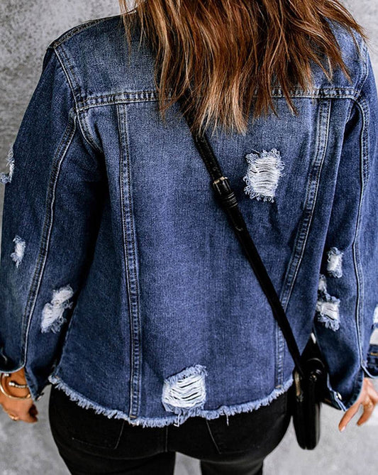 SYNZ Mixed Print Distressed Button Front Denim Women Jacket - Zara-Craft