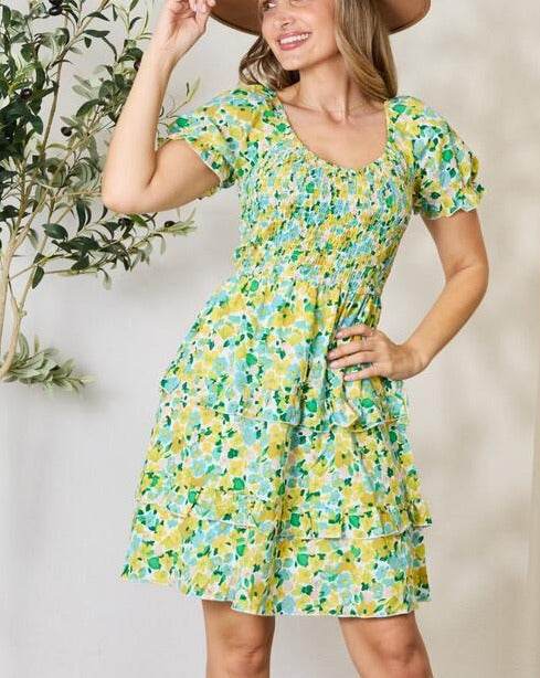 Double Take Smocked Scoop Neck Flounce Sleeve Mini Women Dress - Zara-Craft