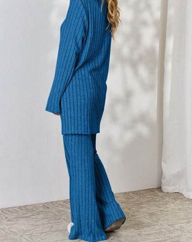 Basic Bae Full Size Ribbed High-Low Women Top and Wide Leg Pants Set - Zara-Craft