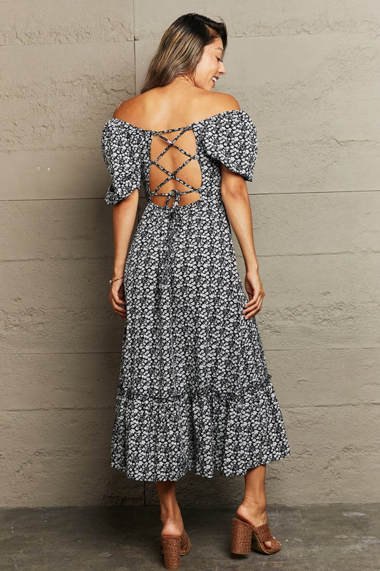 Floral Lace-Up Off-Shoulder Midi Women Dress - Zara-Craft