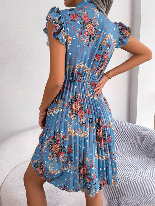 Pleated Floral Printed Tie Neck Knee Length Women Dress - Zara-Craft