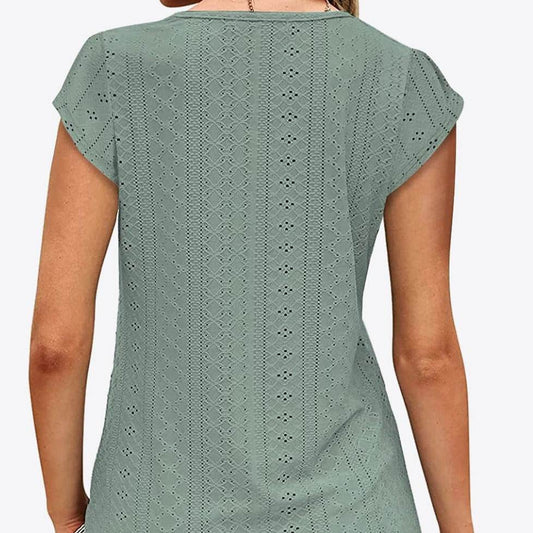 Eyelet Contrast V-Neck Women T-Shirt - Zara-Craft