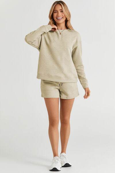 Double Take Full Size Texture Long Sleeve Women Top and Drawstring Shorts Set - Zara-Craft