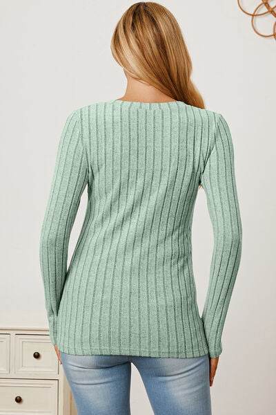 Basic Bae Full Size Ribbed V-Neck Long Sleeve Women T-Shirt - Zara-Craft