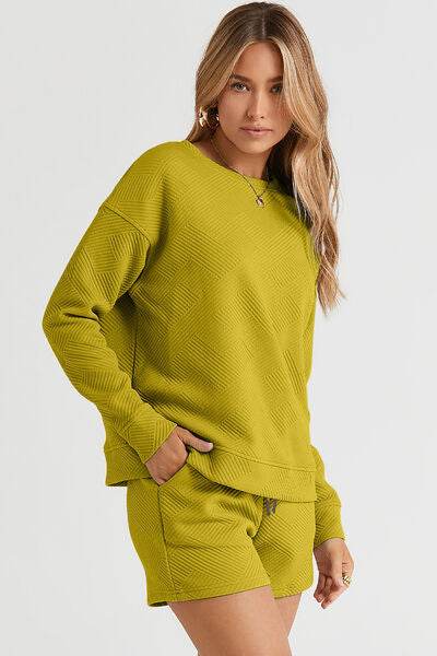 Double Take Full Size Texture Long Sleeve Women Top and Drawstring Shorts Set - Zara-Craft