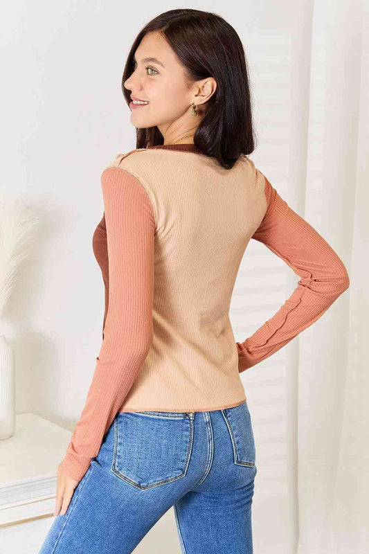 Double Take Color Block Exposed Seam Long Sleeve Women Top - Zara-Craft