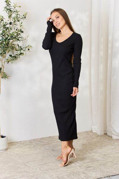 Culture Code Full Size Ribbed Long Sleeve Midi Slit Women Dress - Zara-Craft