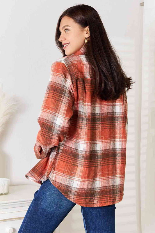 Double Take Plaid Collared Neck Long Sleeve Women Shirt - Zara-Craft