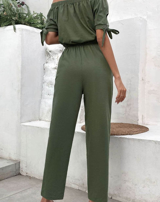 Perfee Off-Shoulder Tie Cuff Women Jumpsuit with Pockets - Zara-Craft