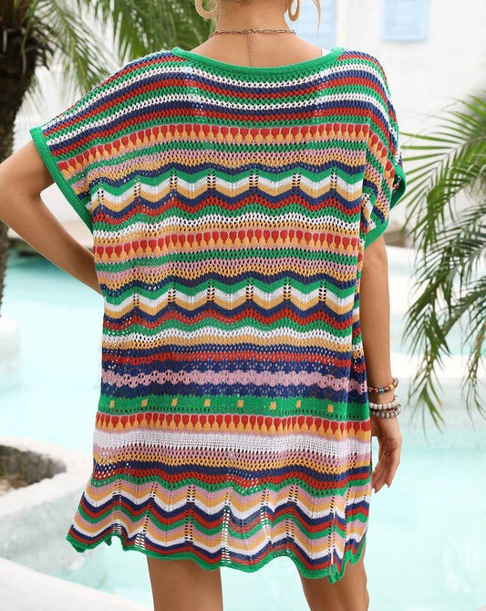 Rainbow Stripe Scalloped V-Neck Women Cover-Up Dress - Zara-Craft