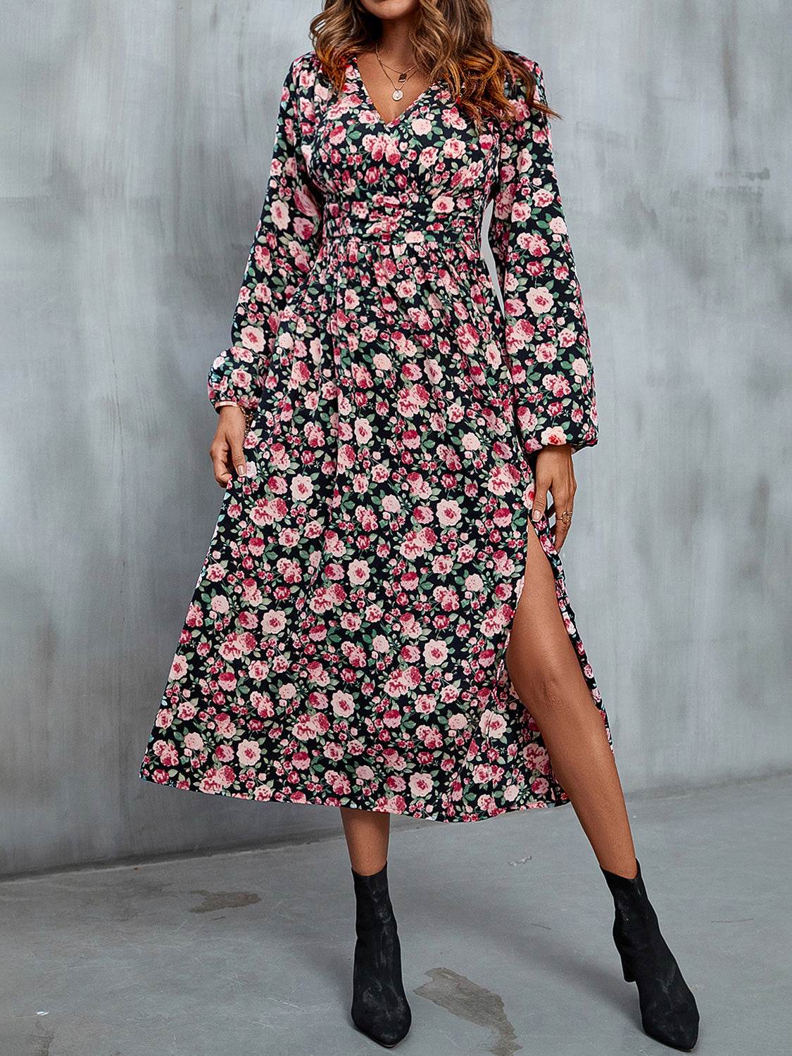 plus size dresses zara Floral V-Neck Slit Midi Women Dress – Zara-Craft