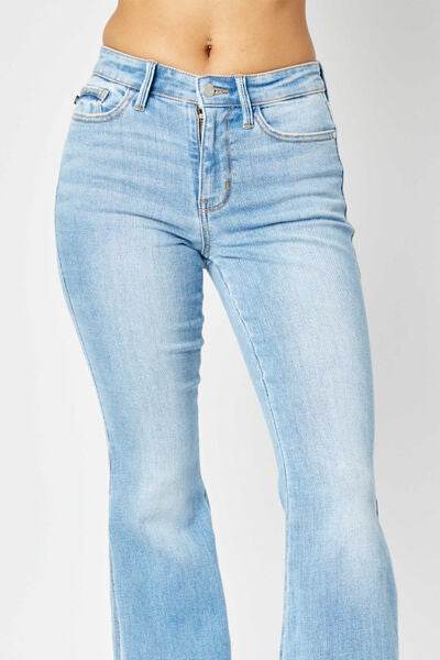 Judy Blue Full Size Mid Rise Raw Hem Slit Flare Women Jeans - Zara-Craft