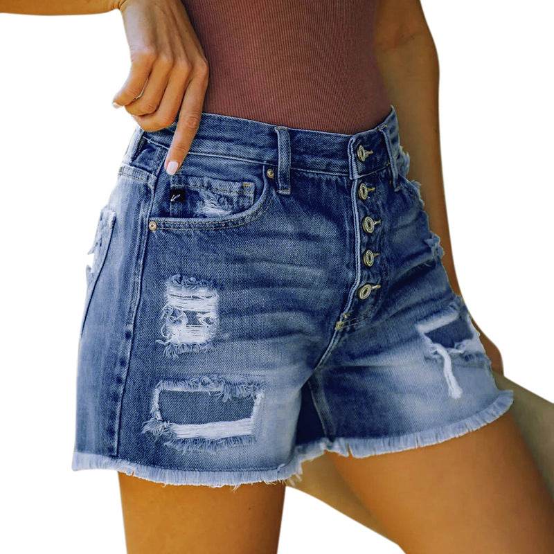 Explosive Hole Flow Patch Ladies High Stretch Denim Shorts - Zara-Craft