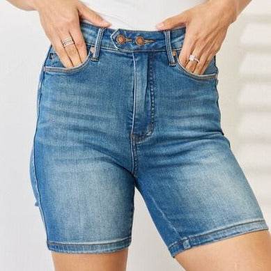 Judy Blue Full Size Tummy Control Double Button Bermuda Denim Women Shorts - Zara-Craft