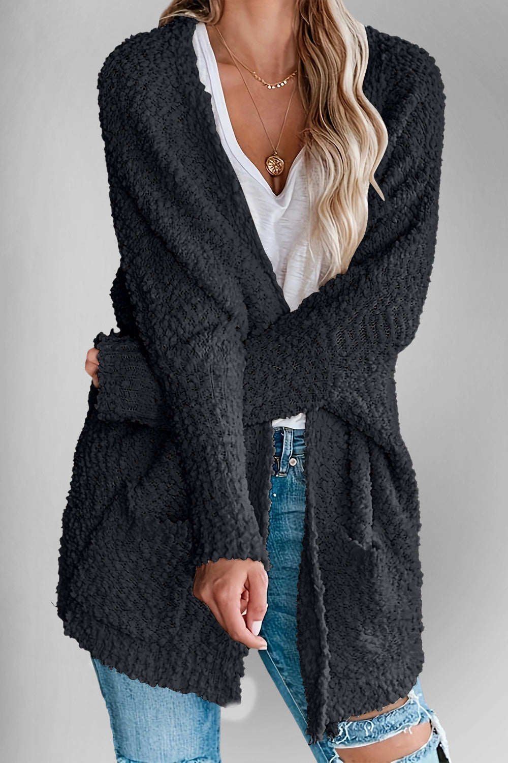 Velvet Bloom Pocketed Open Front Long Sleeve Women Cardigan