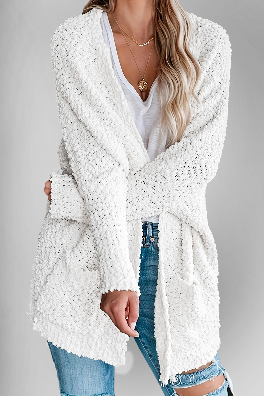 Velvet Bloom Pocketed Open Front Long Sleeve Women Cardigan