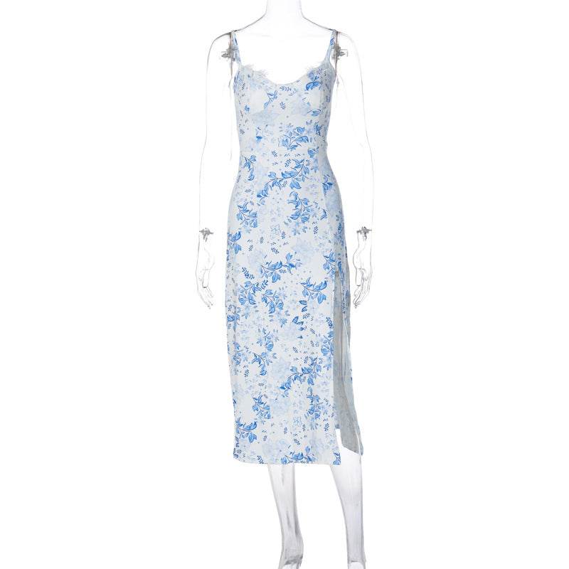 Lace Flowers Print Sexy Fashion Slit Suspender Women Long Summer Dress Zara-Craft Lace Flowers Print Sexy Fashion Slit Suspender Women Long Summer Dress Zara-Craft