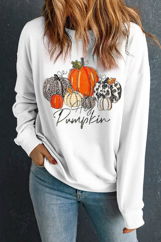 SYNZ Pumpkin Graphic Round Neck Dropped Shoulder Women Sweatshirt - Zara-Craft