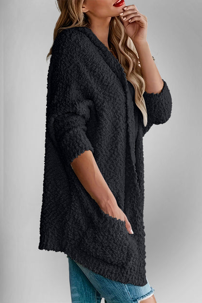Velvet Bloom Pocketed Open Front Long Sleeve Women Cardigan
