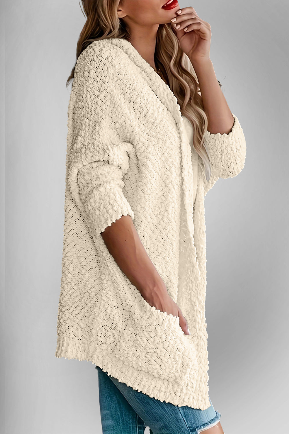 Velvet Bloom Pocketed Open Front Long Sleeve Women Cardigan