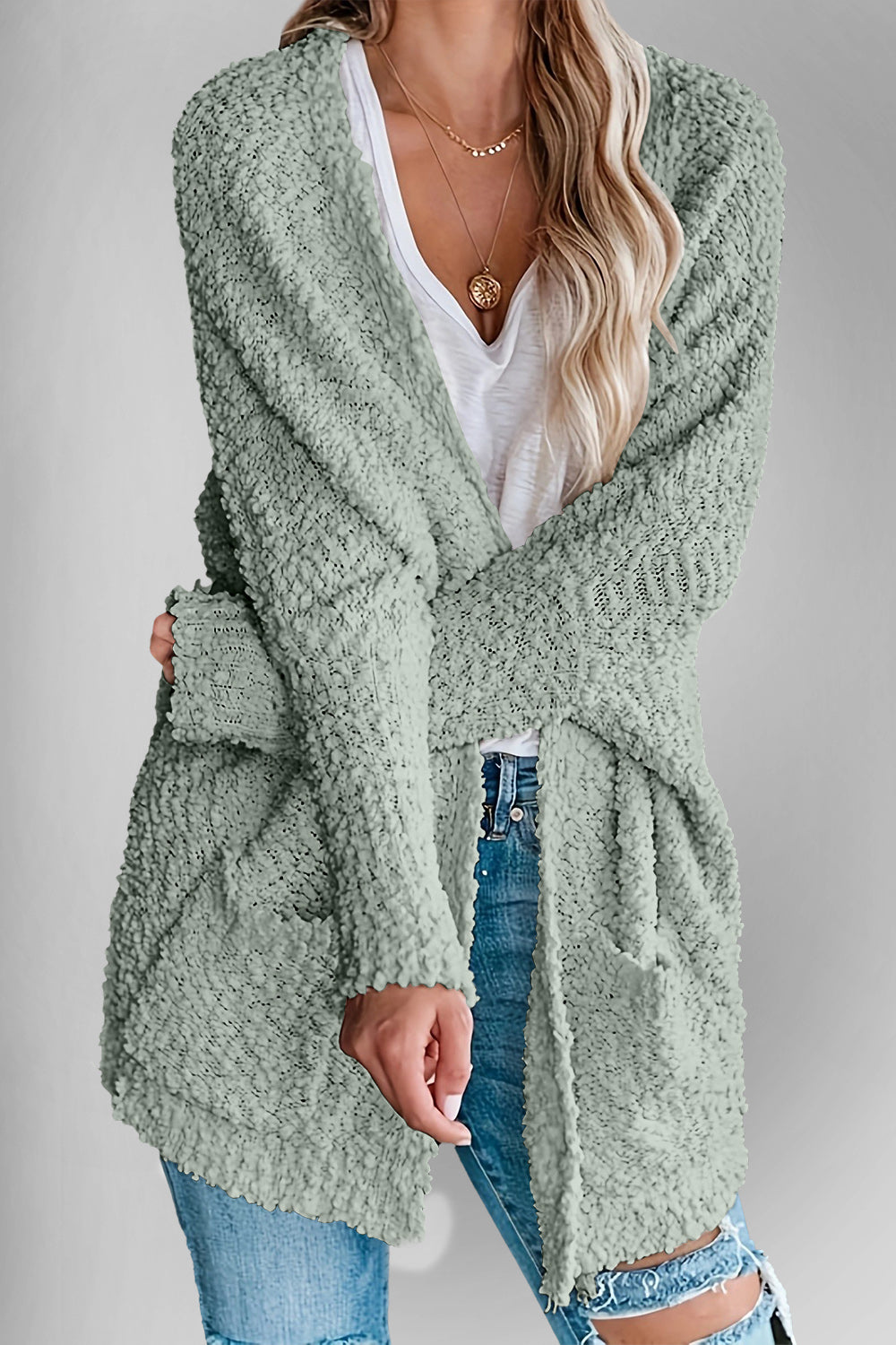 Velvet Bloom Pocketed Open Front Long Sleeve Women Cardigan