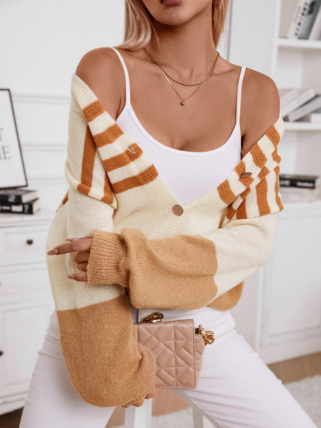 Color Block V-Neck Button Down Long Sleeve Women Cardigan