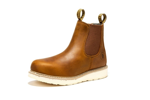Brown leather Work boot with white sole 