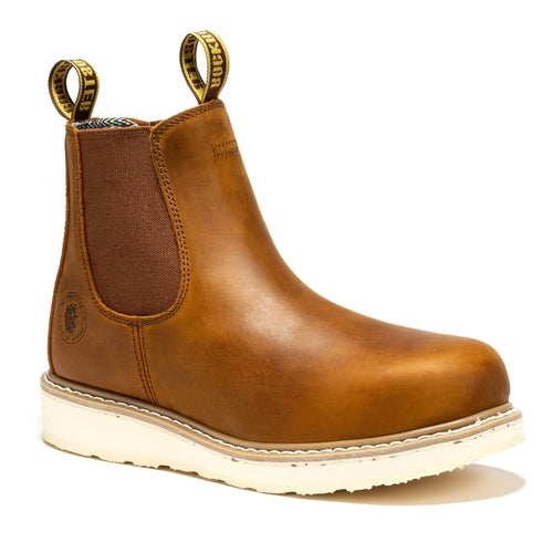 Brown leather Work boot with white sole 