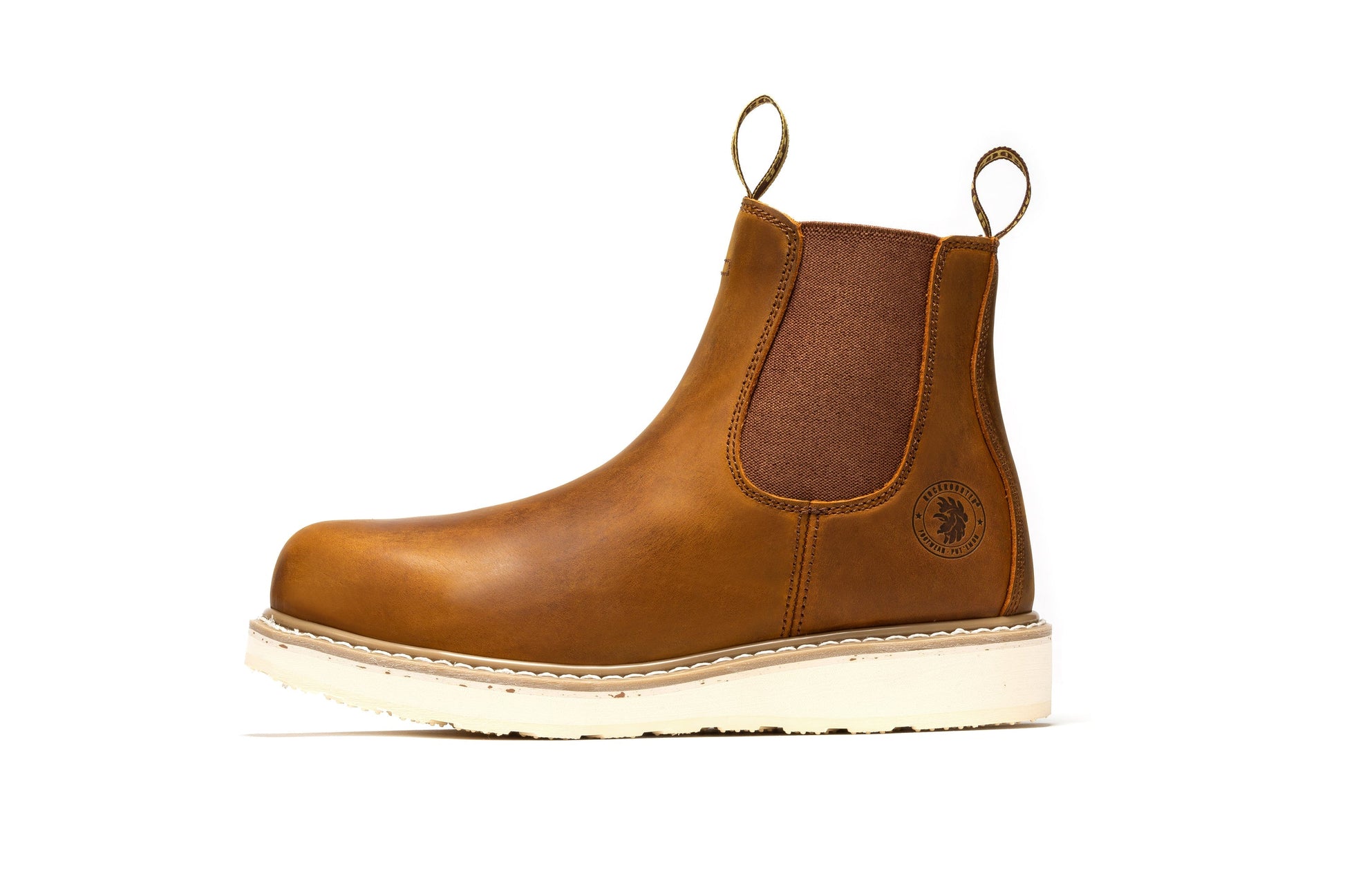 Brown leather Work boot with white sole 