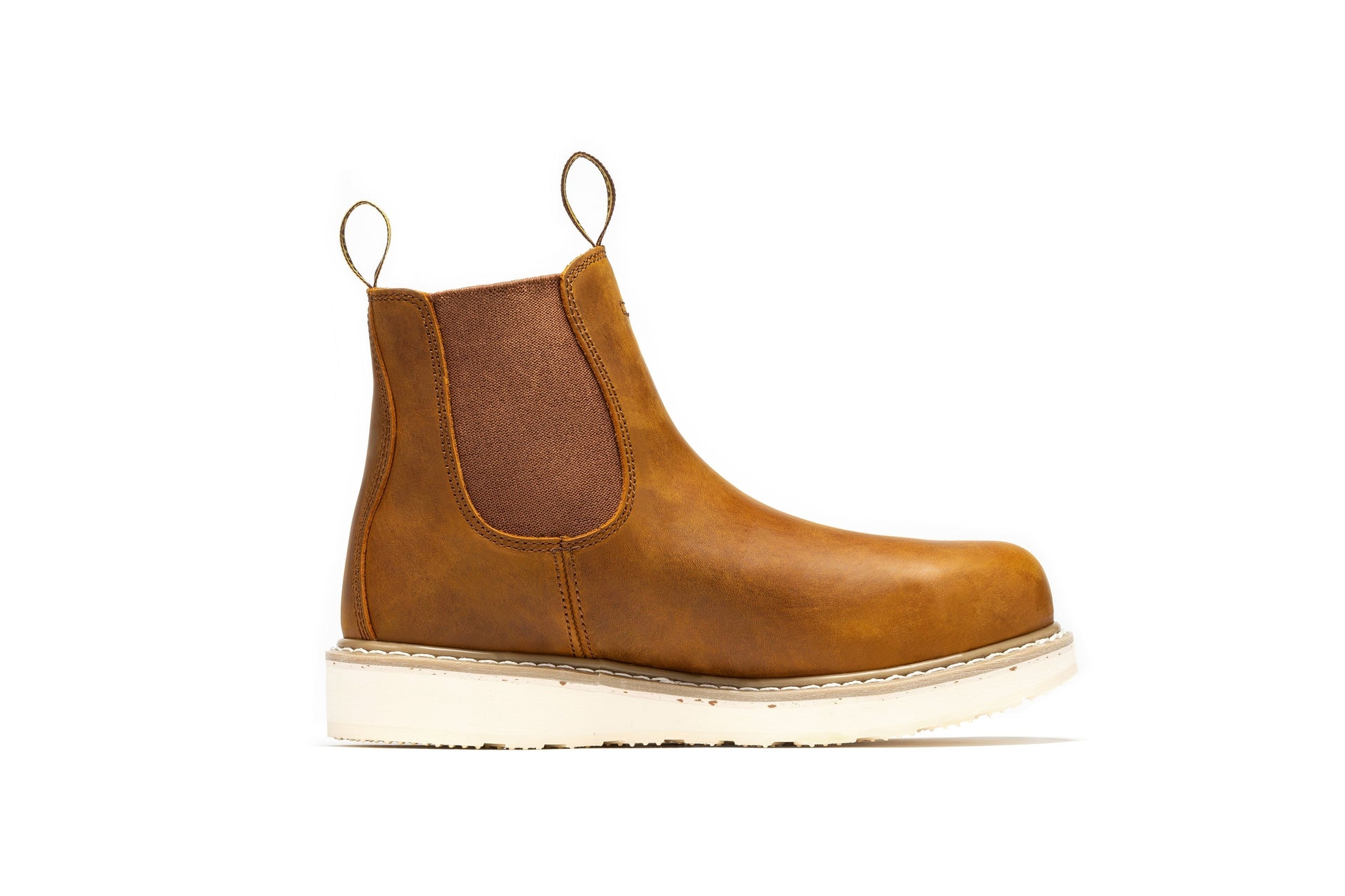 Brown leather Work boot with white sole 