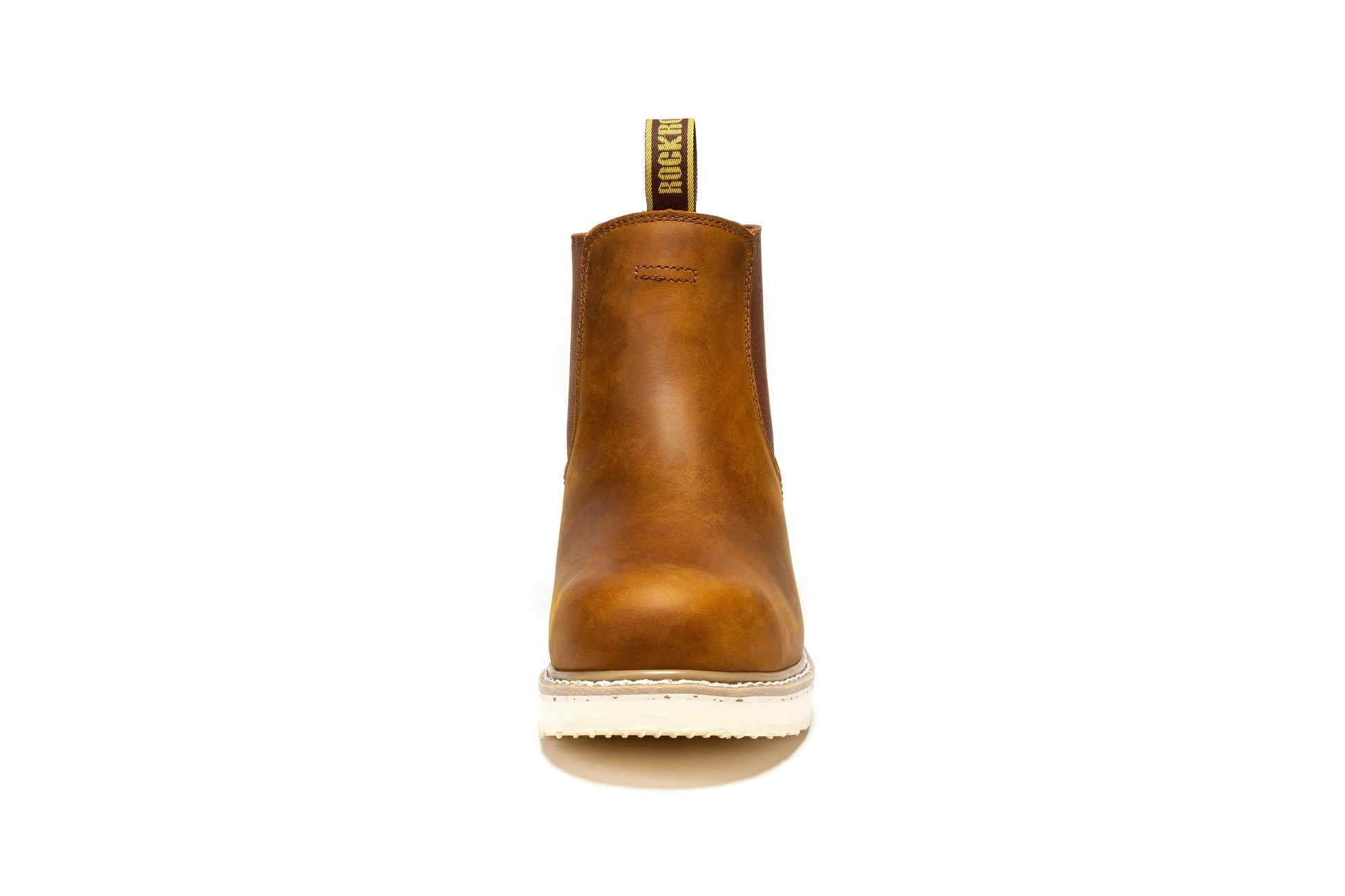 Brown leather Work boot with white sole 