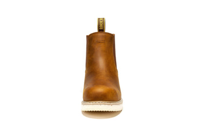 Brown leather Work boot with white sole 
