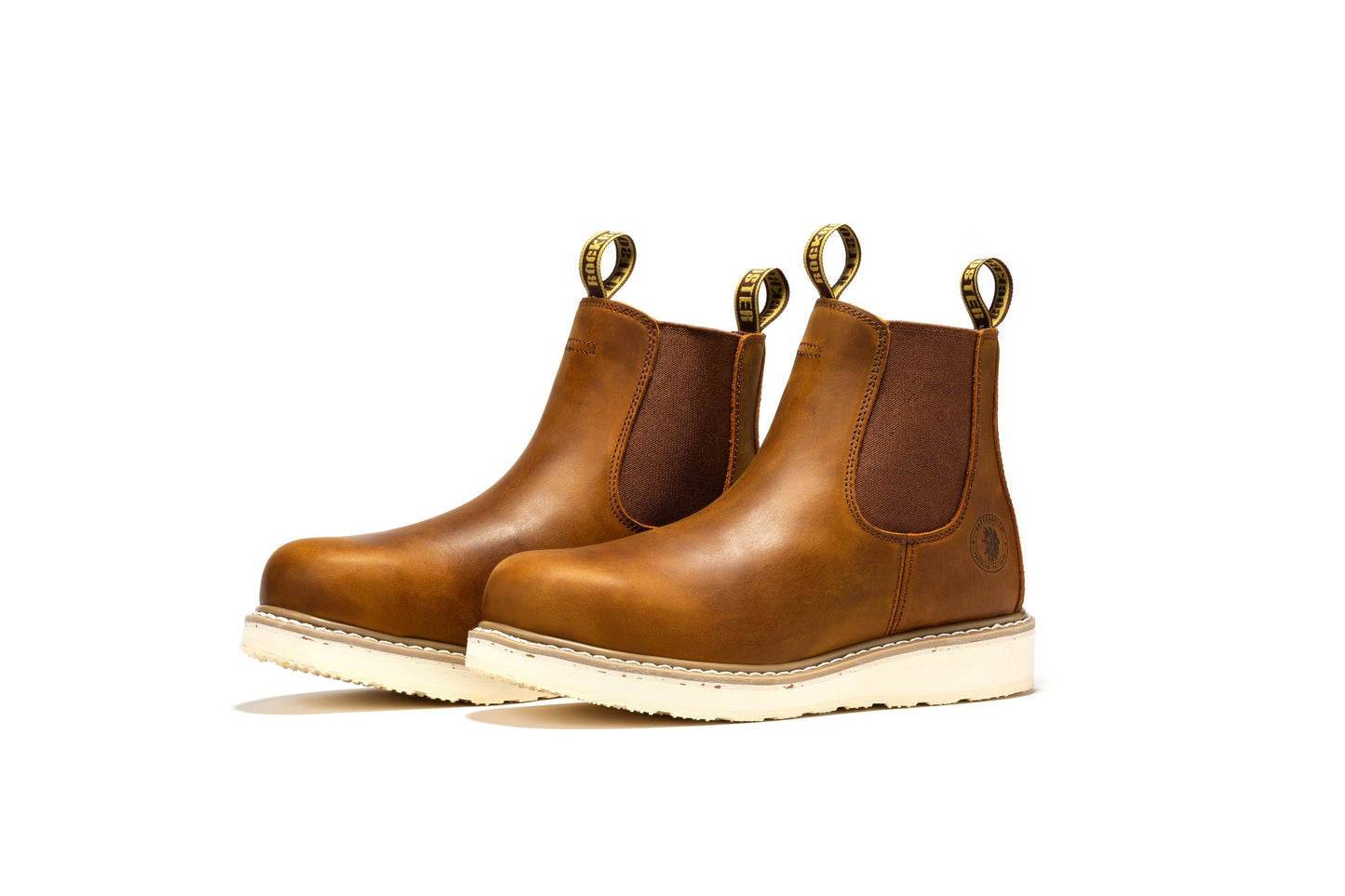Brown leather Work boot with white sole 
