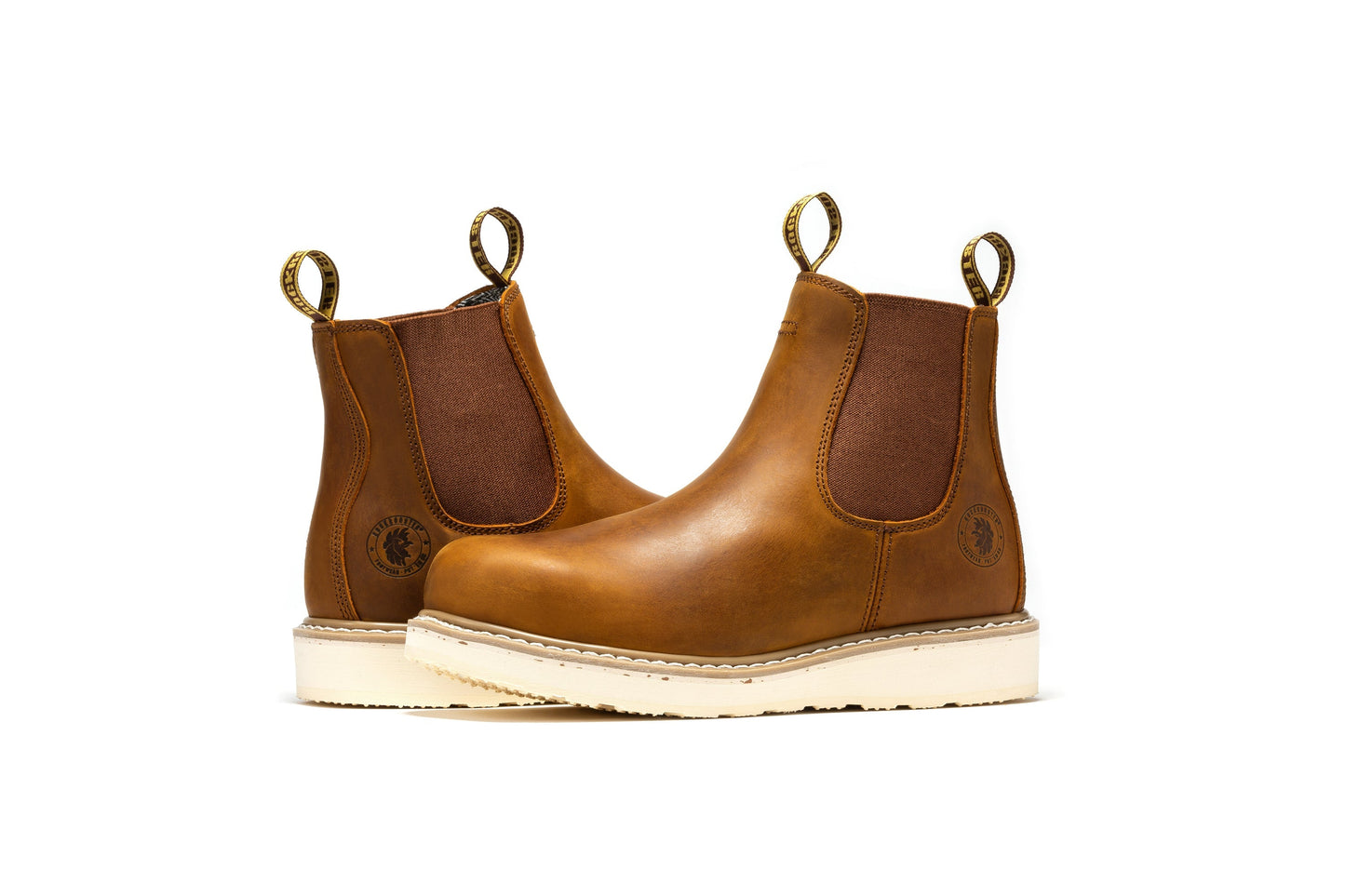 Brown leather Work boot with white sole 