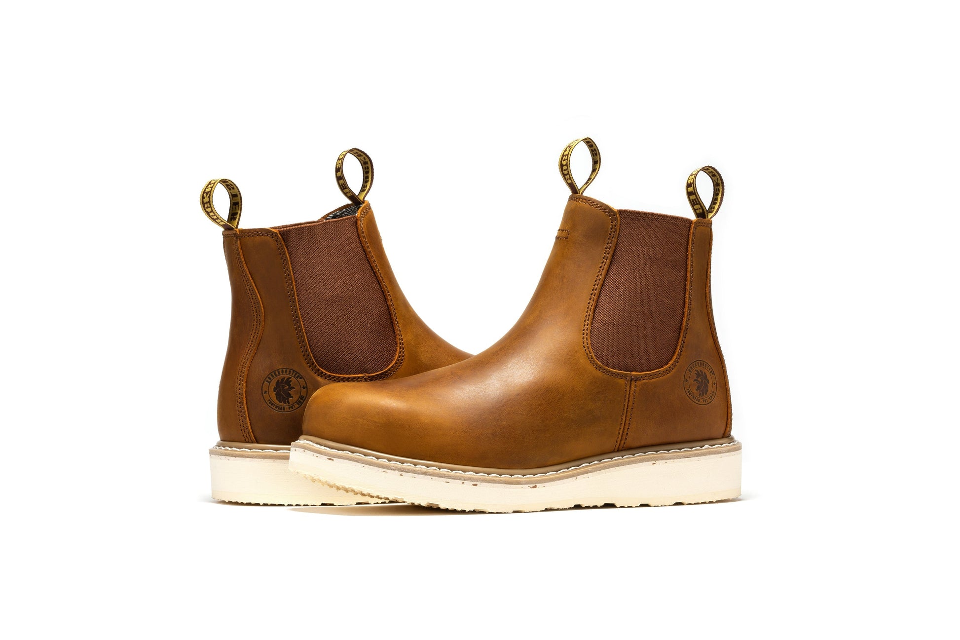 Brown leather Work boot with white sole 