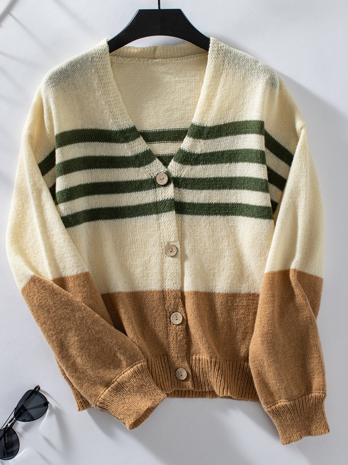 Color Block V-Neck Button Down Long Sleeve Women Cardigan