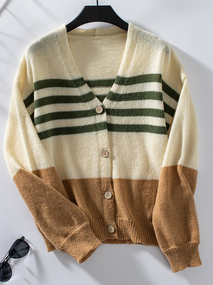 Color Block V-Neck Button Down Long Sleeve Women Cardigan