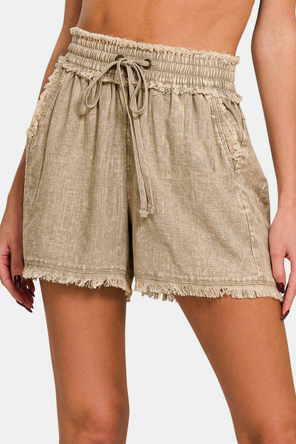 Zenana Washed Linen Frayed Hem Drawstring Women Shorts