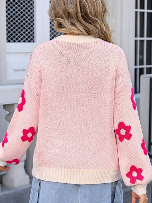 Angel Wings Flower Round Neck Dropped Shoulder Women Sweater - Zara-Craft