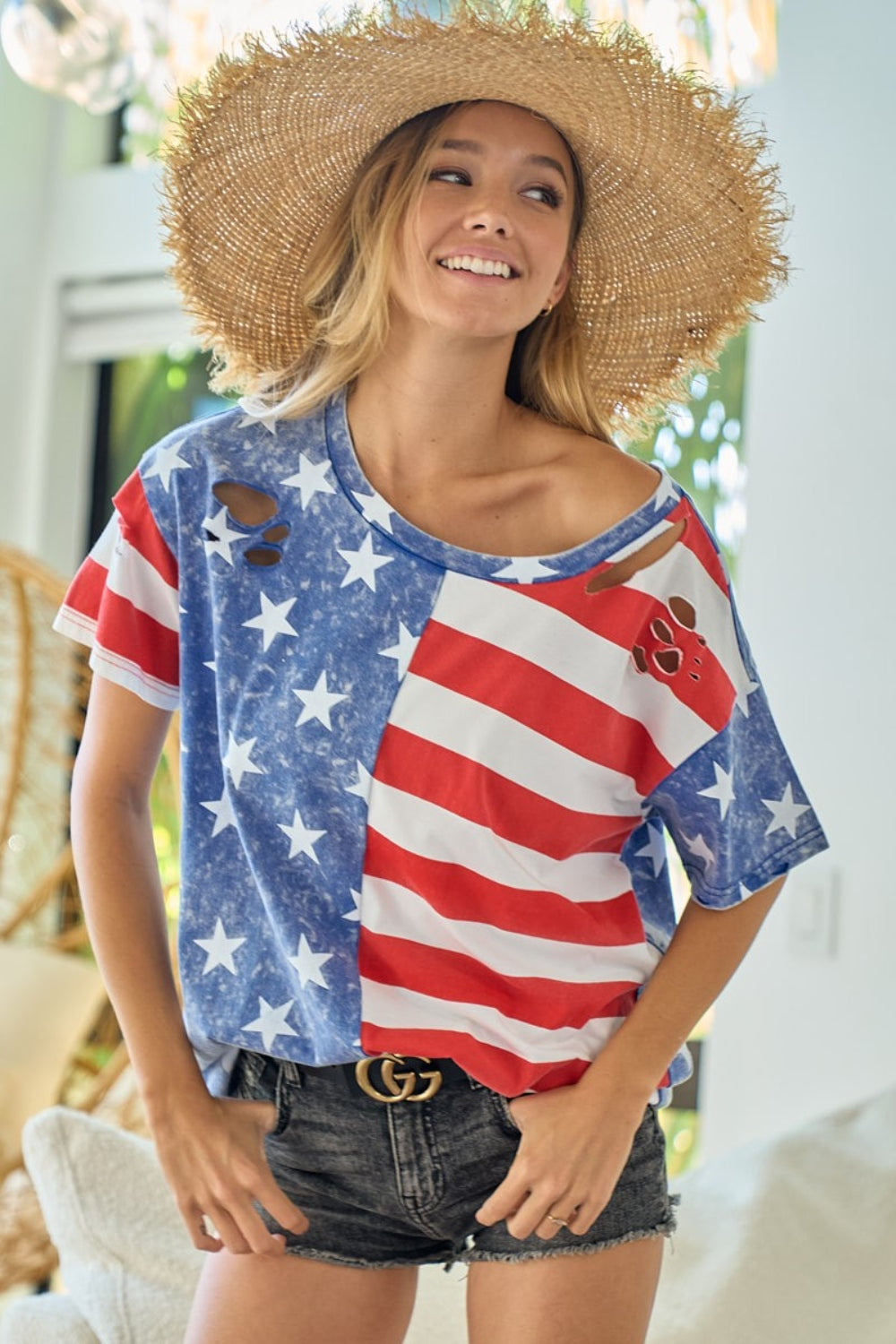 BiBi American Flag Theme Women Short Sleeve T-Shirt