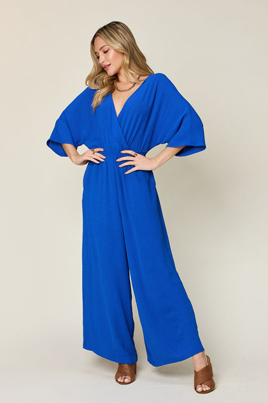 Double Take Full Size Surplice Wide Leg Women Jumpsuit with Pockets