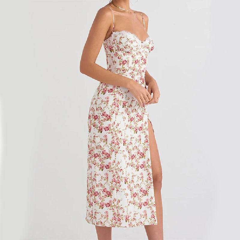 Lace Flowers Print Sexy Fashion Slit Suspender Women Long Summer Dress Green / M Lace Flowers Print Sexy Fashion Slit Suspender Women Long Summer Dress Green / M