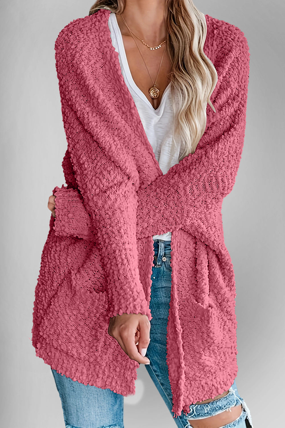 Velvet Bloom Pocketed Open Front Long Sleeve Women Cardigan