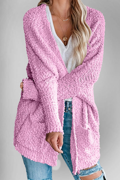 Velvet Bloom Pocketed Open Front Long Sleeve Women Cardigan